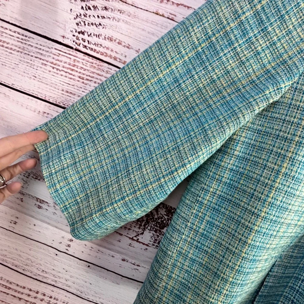 Vintage‎ Mod Coastal Grandmacore Tweed Jacket L Boxy Teal Blue Yellow Woven Poly